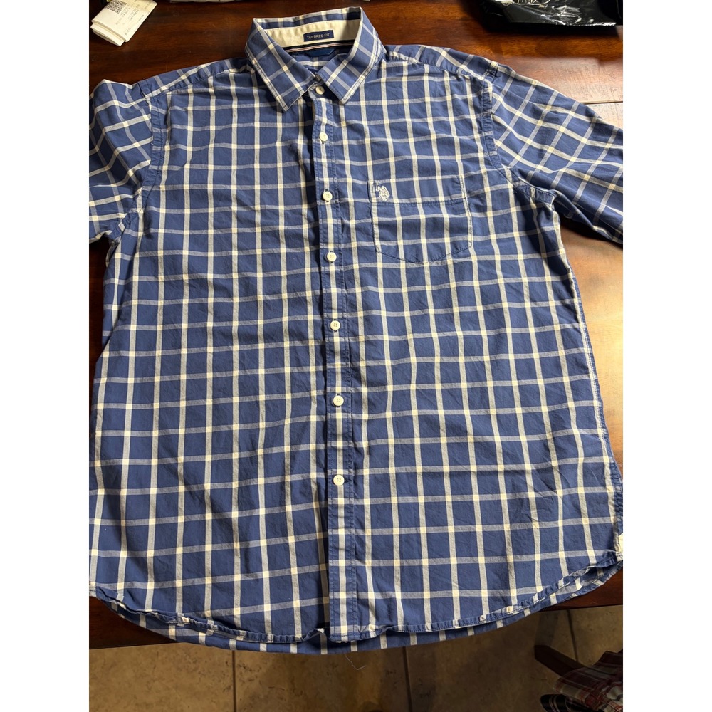 US Polo Assn Mens XL Tailored Fit Blue White Grid Check Premium Cotton Shirt